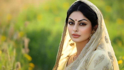 Digital portrait depicts woman in embroidered veil outdoors