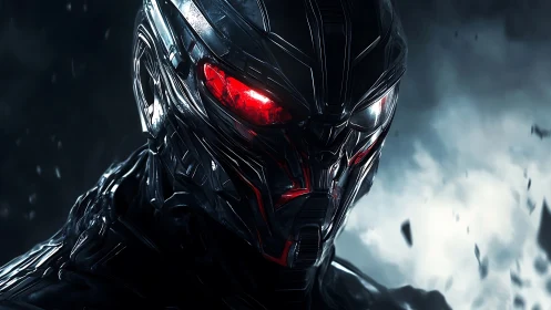 Chrome-armored humanoid robot head with red illuminated eyes.