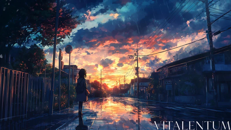 Quiet walk home under a rainwashed, glowing sunset sky.