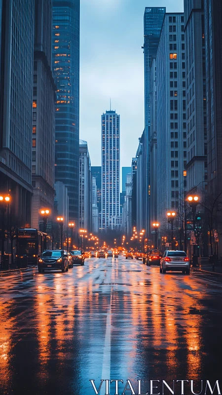 Rain-soaked city avenue with glowing reflections at dusk.