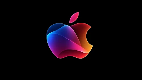 Multicolor gradient apple emblem with luminous folds.