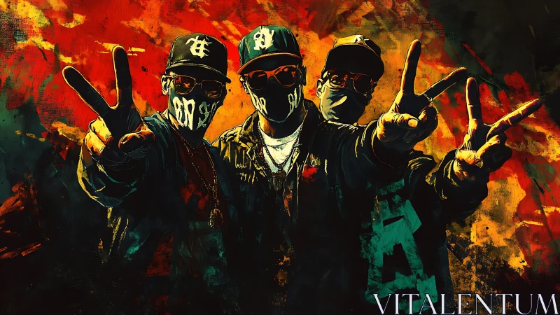 Urban street trio throwing peace signs in neon chaos.