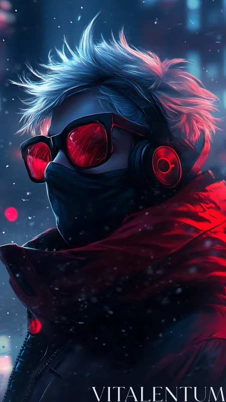 Neon winter wanderer wrapped in red light and city snow.