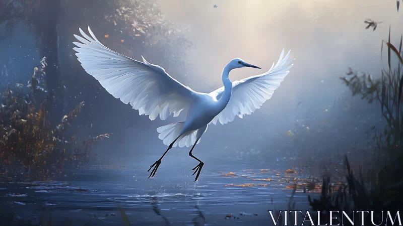 White heron with extended wings above misty wetland water.