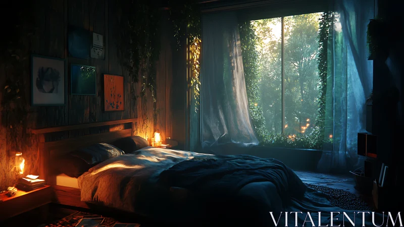 Biophilic bedroom interior with volumetric dawn lighting effects.