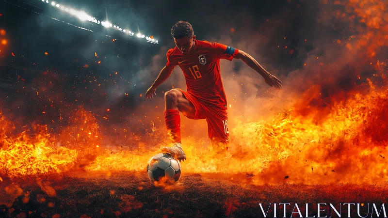 Soccer player controlling ball amid stylized flames on field.