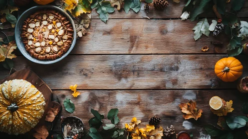 Rustic autumn table frames pumpkin pie with seasonal decor