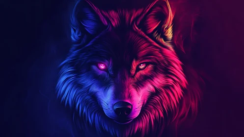 Neon-colored wolf portrait in dual blue and magenta light.