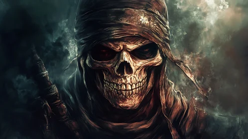 Skull-faced figure in hooded wrappings occupies central frame