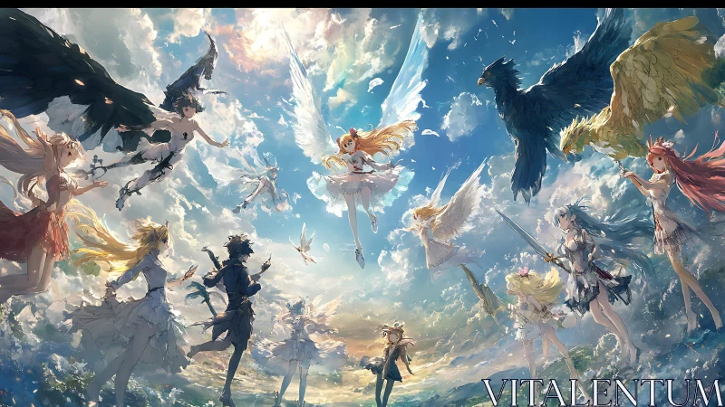 Winged anime guardians circling radiant sky portal.