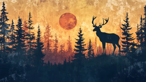 Majestic stag silhouette under fiery forest sunset sky.