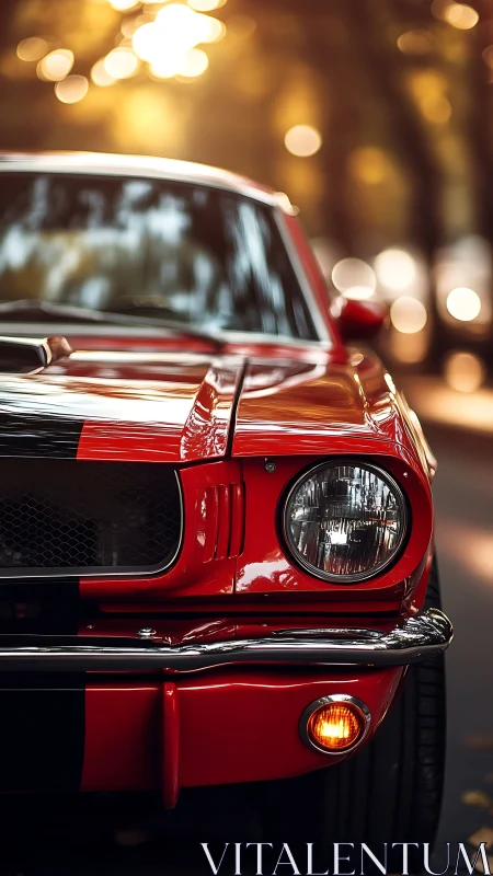 Sunlit red classic muscle car glows on an autumn city street
