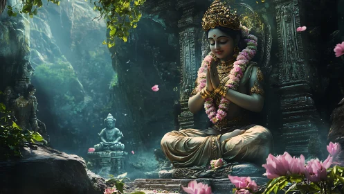 Serene goddess statue meditates in lush overgrown temple