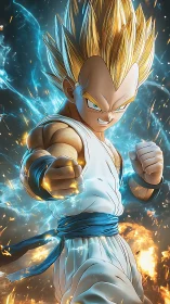 Energetic saiyan warrior in combat-ready charged stance.