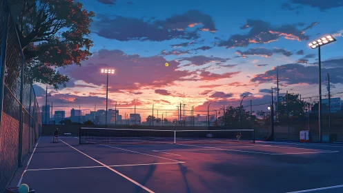Sunset rally across quiet city tennis courts at dusk.