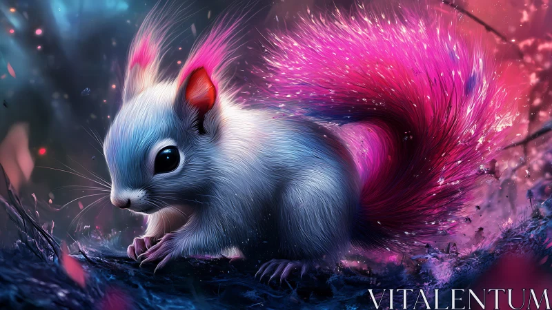 Luminescent neon-tailed squirrel glows in an enchanted forest