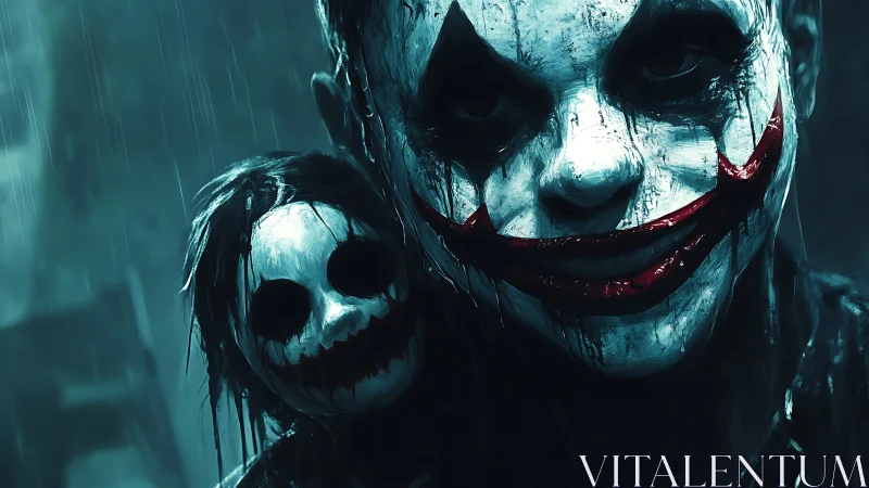 Grim clown figure with eerie doll in rainy darkness.