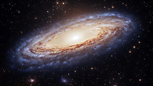 Edge-on spiral galaxy with luminous core and dust lanes.