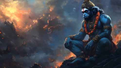 Mythic simian deity in contemplative pose amid fiery clouds.