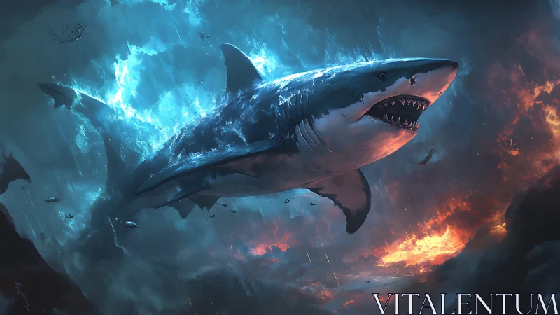 Colossal shark ascends through stormlit ocean inferno.
