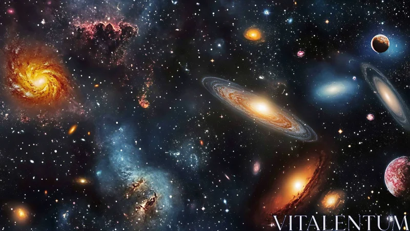 Spiraling galaxies glow across a vivid, star-filled cosmos