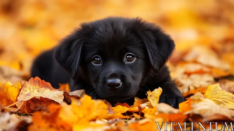 Black puppy rests in golden autumn leaves with soulful gaze