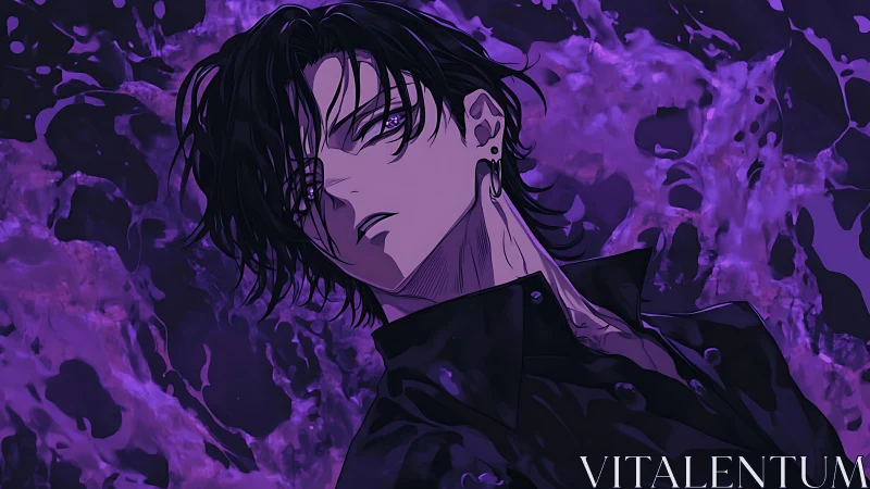 Dark-haired anime antihero emerges from swirling violet void