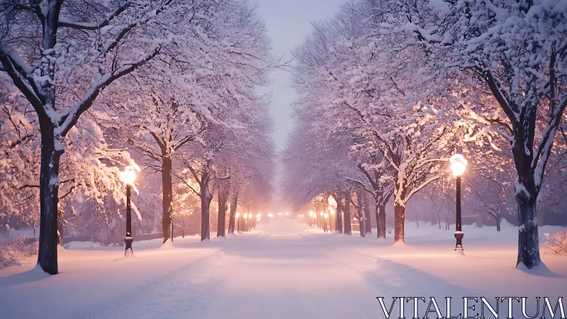 Snowy park pathway glowing with soft winter lamplight.