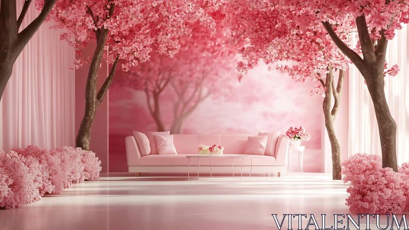 Pink lounge with indoor cherry blossom trees and sofa.
