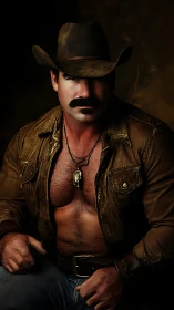 Cowboy portrait shows muscular man in leather jacket open