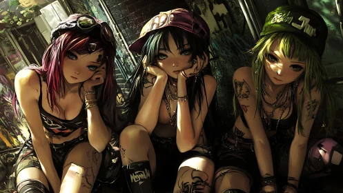 Urban alley punk trio with detailed tattoos and streetwear styling