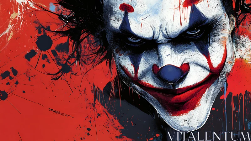 Sinister clown portrait in high-contrast splatter style.