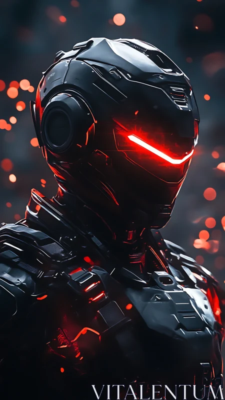 Armored cybernetic soldier with blazing red visor glare.