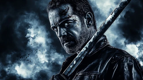 Stormlit warrior with steel gaze and weathered resolve.