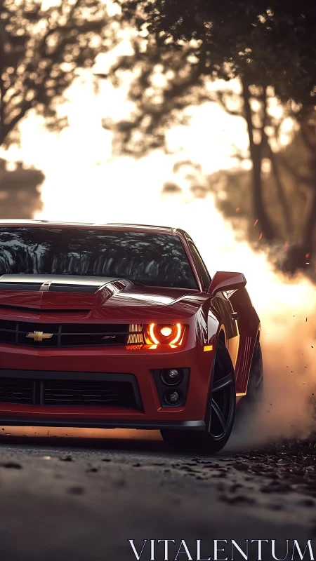 Red muscle car powers through dusk forest road in drift motion