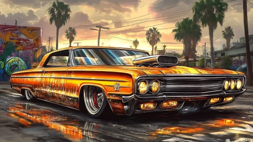 Chrome thunder lowrider cruising a neon-slick city sunset.