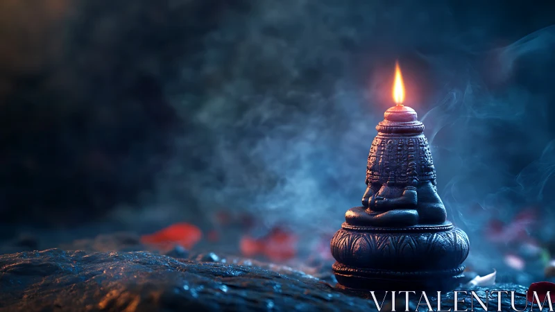 Bronze Hindu oil lamp sculpture with single flame in misty night