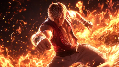 Male fighter poses in dynamic punch amid stylized flames
