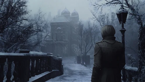 Lone wanderer on a snow-laced path to a haunted manor.