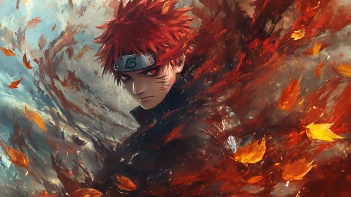 Red haired ninja stands in swirling red and blue energy field