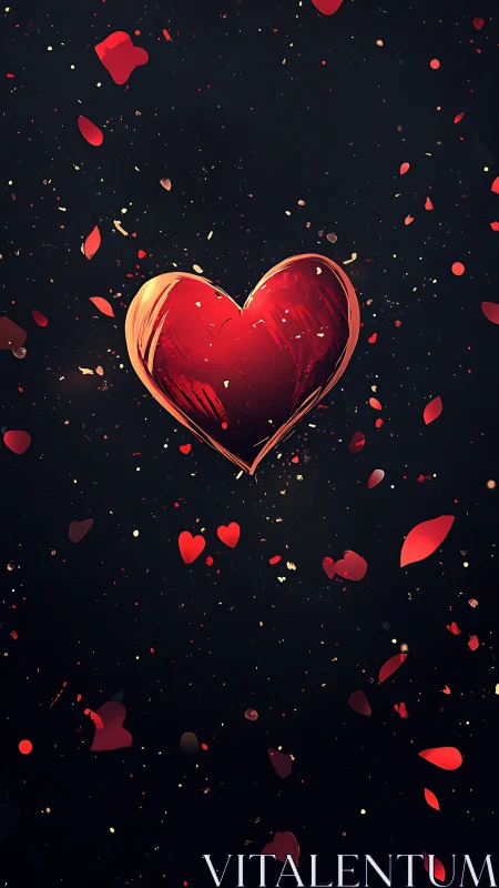 Luminous Heart with Floating Petals Against Dark Cosmos.