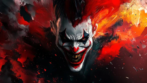 Sinister clown erupts from flaming chaos in vivid reds