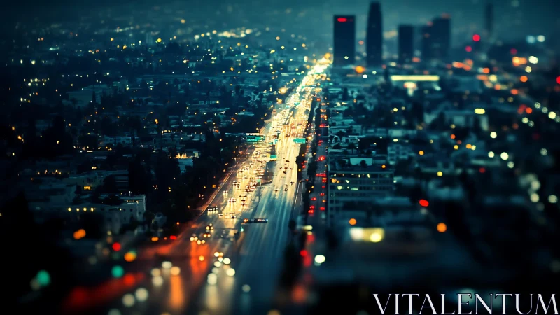 Night city highway with blurred traffic and skyline glow.