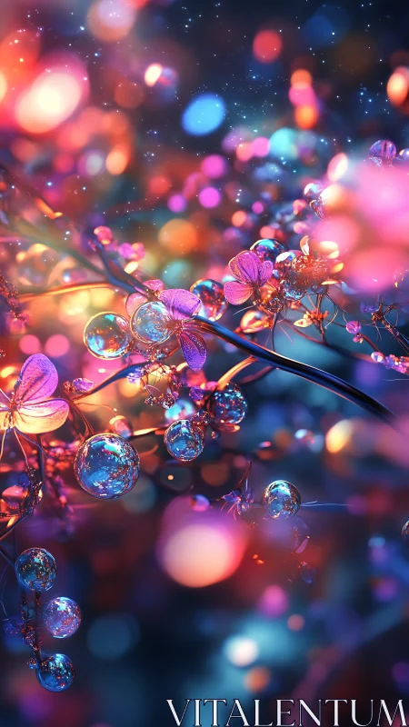 Rendered plant forms show glass-like spheres and blurred lights