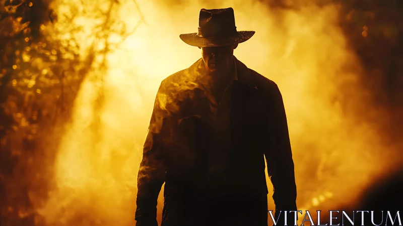 Silhouetted adventurer strides through blazing golden haze