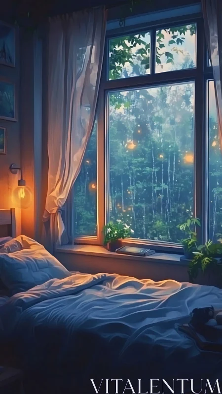 Interior bedroom scene shows bed, window, and exterior forest