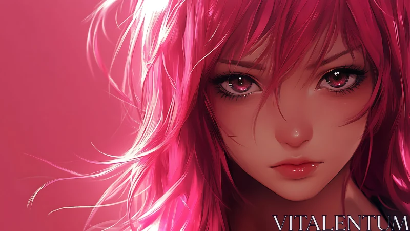 Pink haired anime girl with luminous eyes in close portrait.