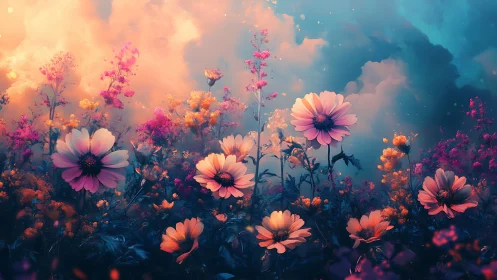 Glowing Floral Field Against Twilight Sky.