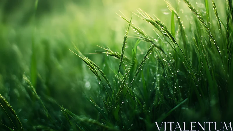 Backlit dew-covered grass blades display shallow depth of field