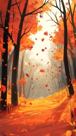 Autumn Forest Pathway with Falling Leaves Digital Illustration.